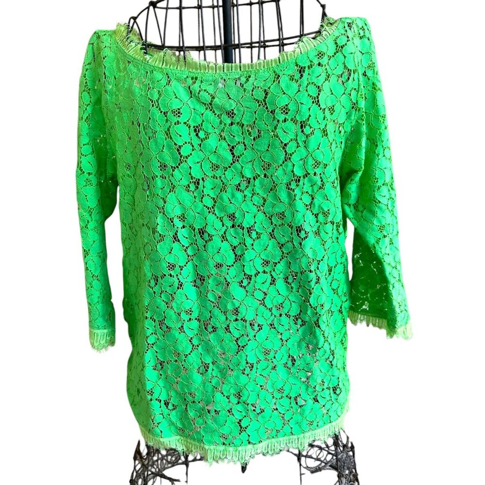 Weston Wear Anthropologie  Francisco Top Medium Lime Green Crochet Fringe EUC